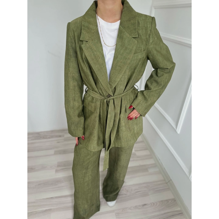 Kadın Keten Ceket Pantolon Takım Haki