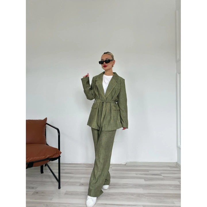 Kadın Keten Ceket Pantolon Takım Haki