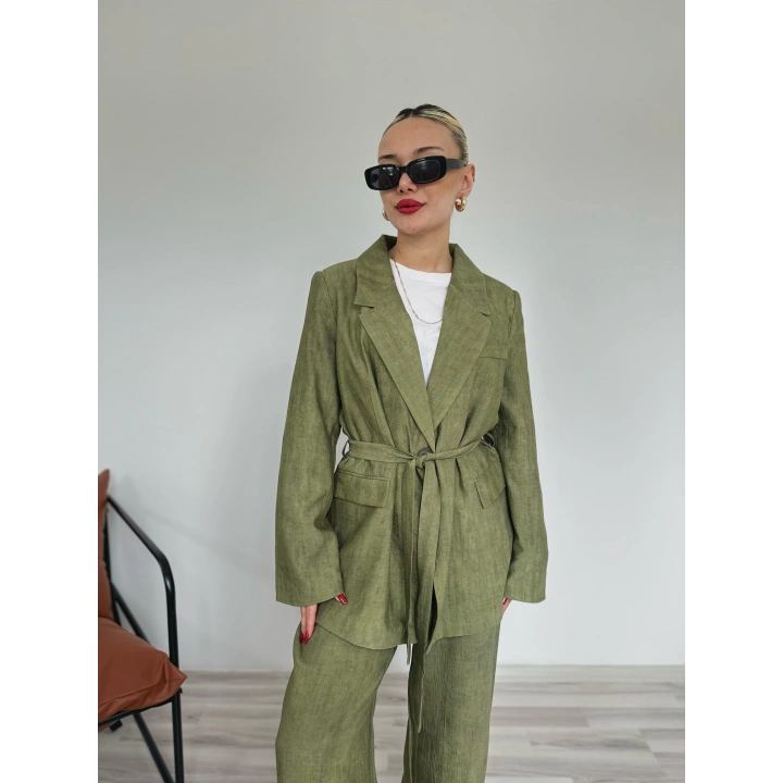 Kadın Keten Ceket Pantolon Takım Haki
