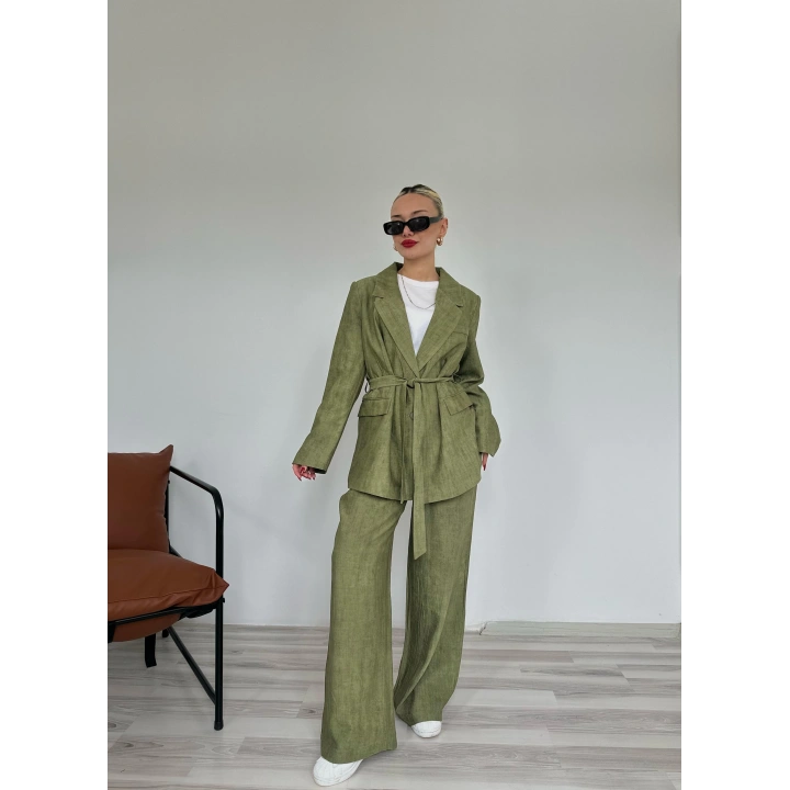 Kadın Keten Ceket Pantolon Takım Haki
