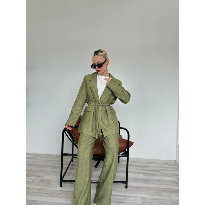 Kadın Keten Ceket Pantolon Takım Haki