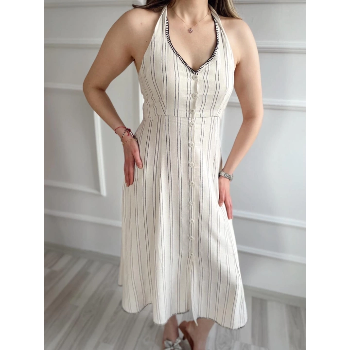 Kadın Keten Elbise Bej