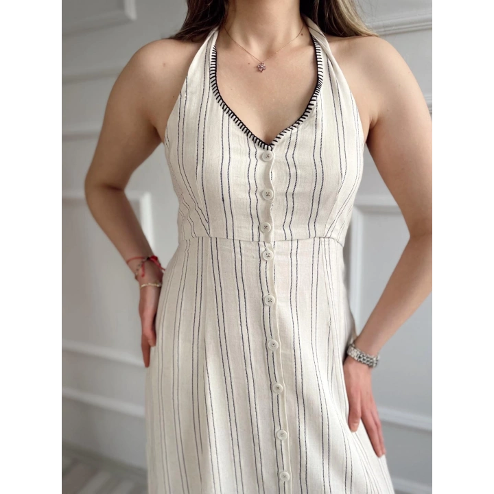 Kadın Keten Elbise Bej