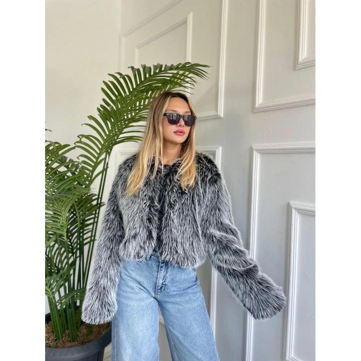 Kadın Kürk Detaylı Mont Siyah