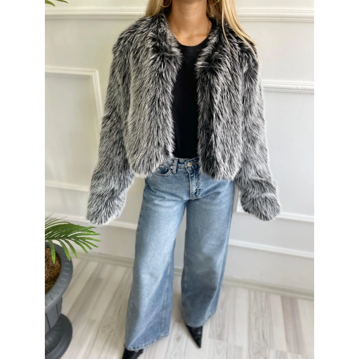 Kadın Kürk Detaylı Mont Siyah