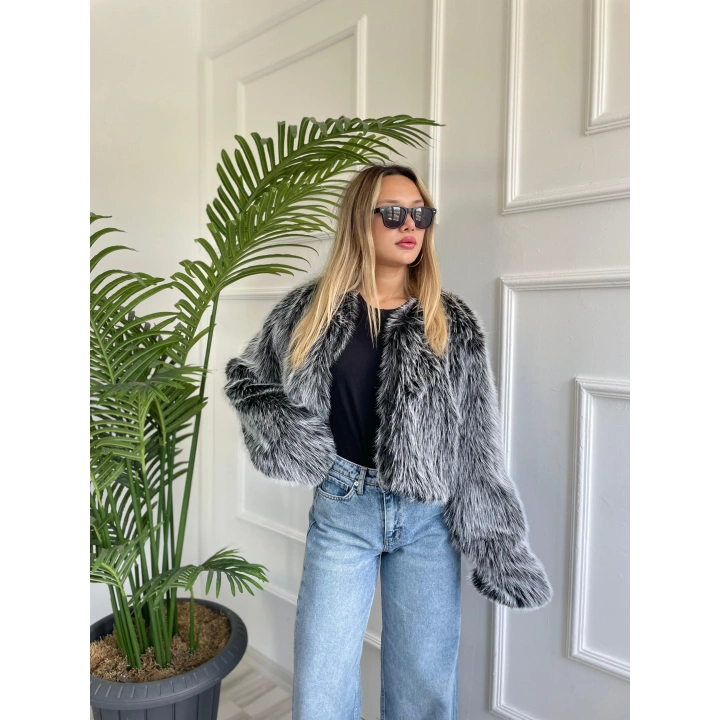 Kadın Kürk Detaylı Mont Siyah