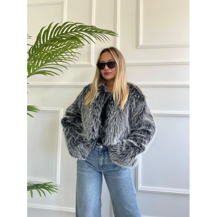 Kadın Kürk Detaylı Mont Siyah