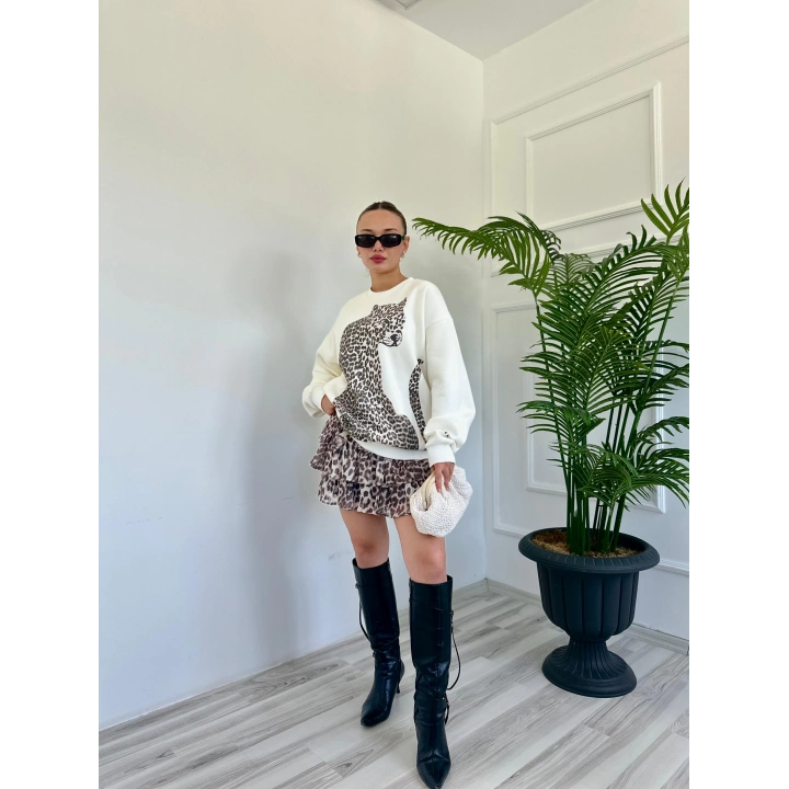 Kadın Leopar Baskılı Sweatshirt Ekru