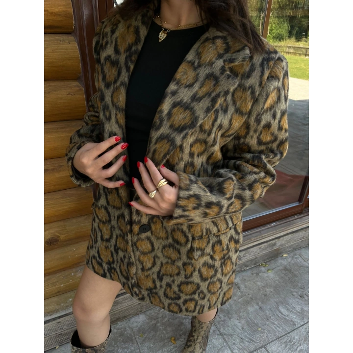 Kadın Leopar Desen Kaşe Ceket