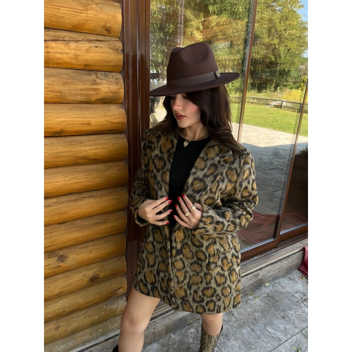 Kadın Leopar Desen Kaşe Ceket