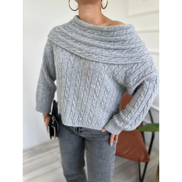 Kadın Madonna Yaka Kazak Gri