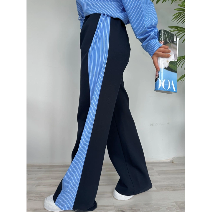 Kadın Mavi Çizgili Palazzo Pantolon Lacivert