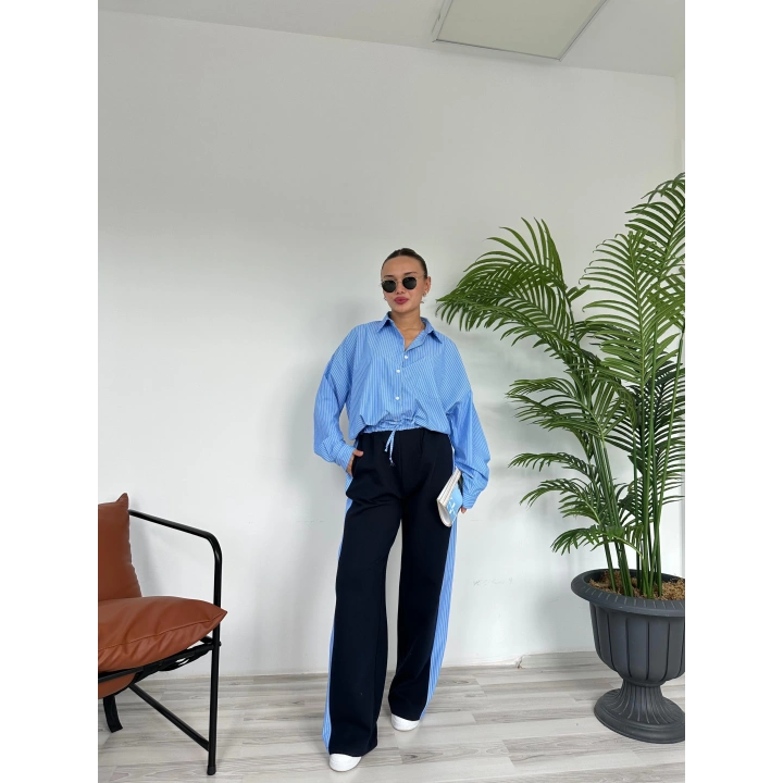 Kadın Mavi Çizgili Palazzo Pantolon Lacivert