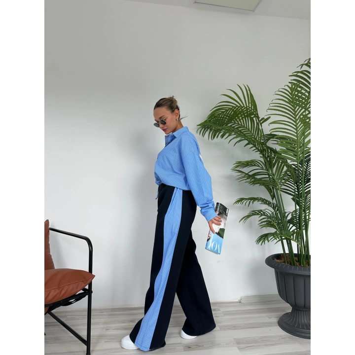 Kadın Mavi Çizgili Palazzo Pantolon Lacivert