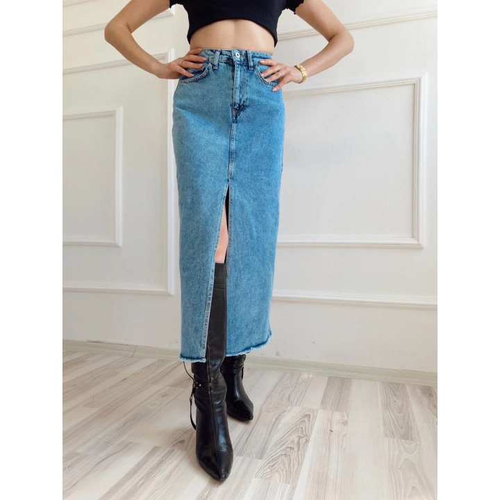 Kadın Önden Yırtmaçlı Denim Etek Buz Mavi