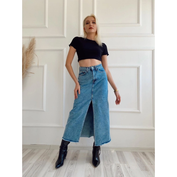 Kadın Önden Yırtmaçlı Denim Etek Buz Mavi
