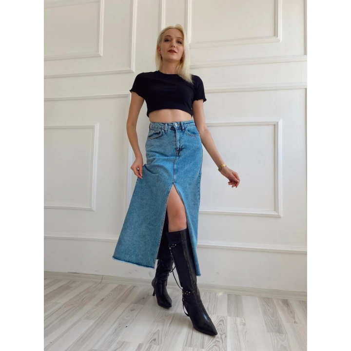 Kadın Önden Yırtmaçlı Denim Etek Buz Mavi