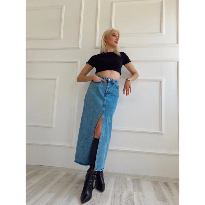 Kadın Önden Yırtmaçlı Denim Etek Buz Mavi