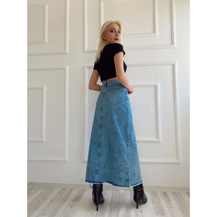 Kadın Önden Yırtmaçlı Denim Etek Buz Mavi