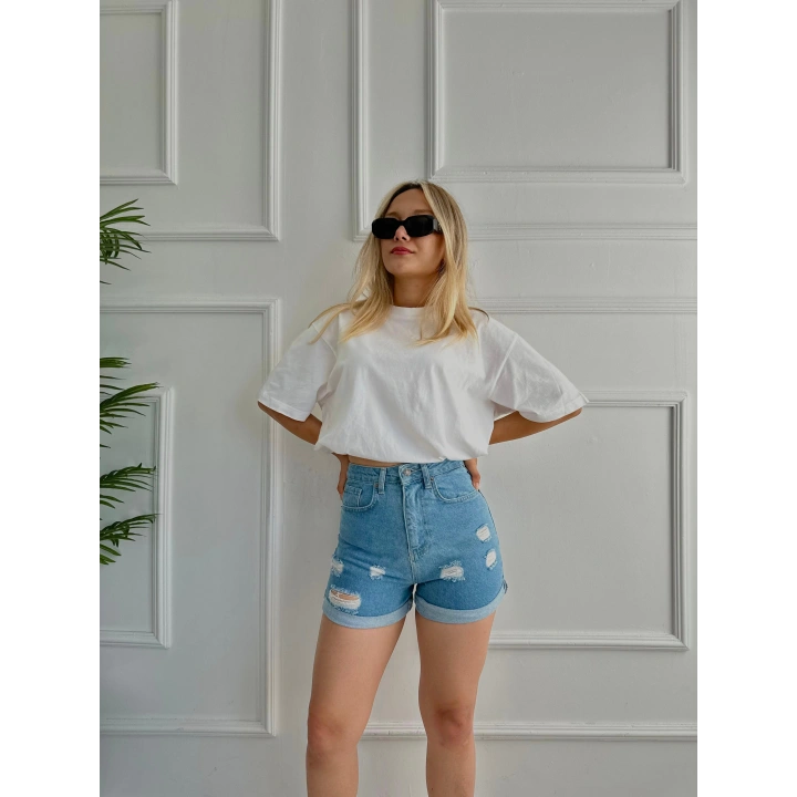 Kadın Önü Yırtıklı Mini Kot Şort