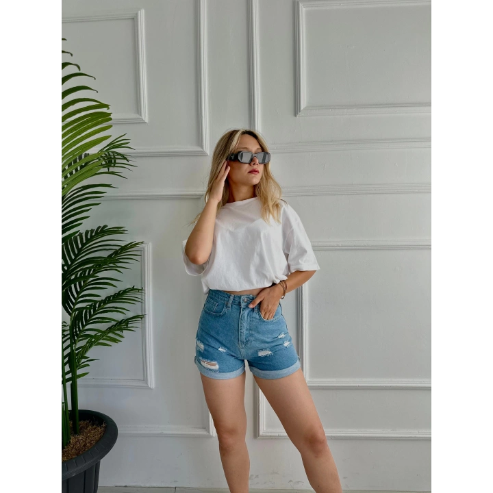 Kadın Önü Yırtıklı Mini Kot Şort