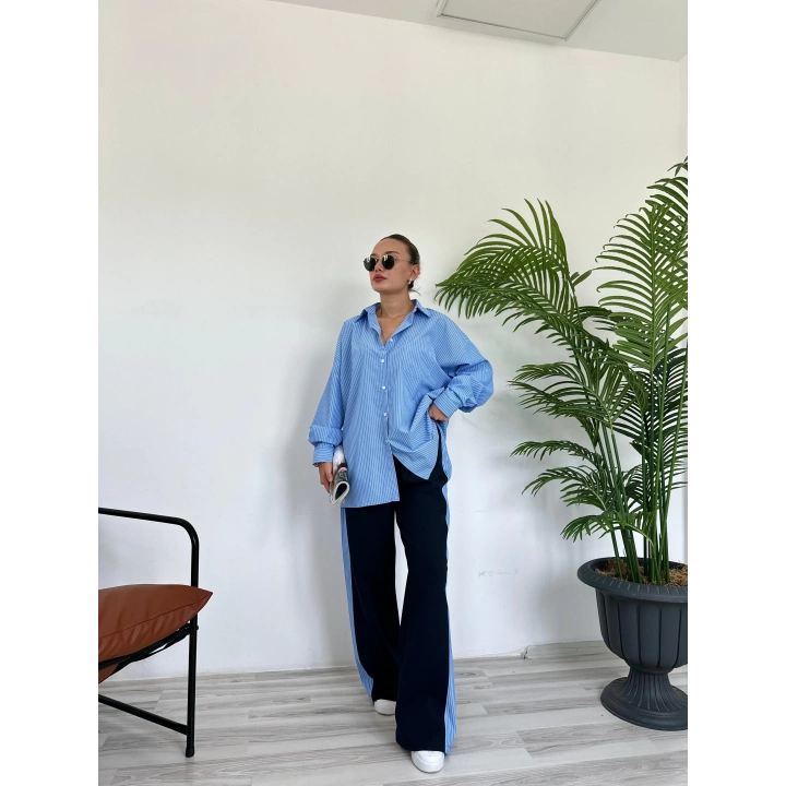 Kadın Oversize Çizgili Gömlek Mavi