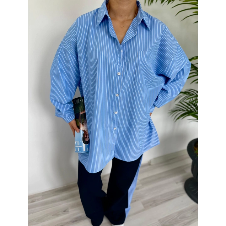 Kadın Oversize Çizgili Gömlek Mavi
