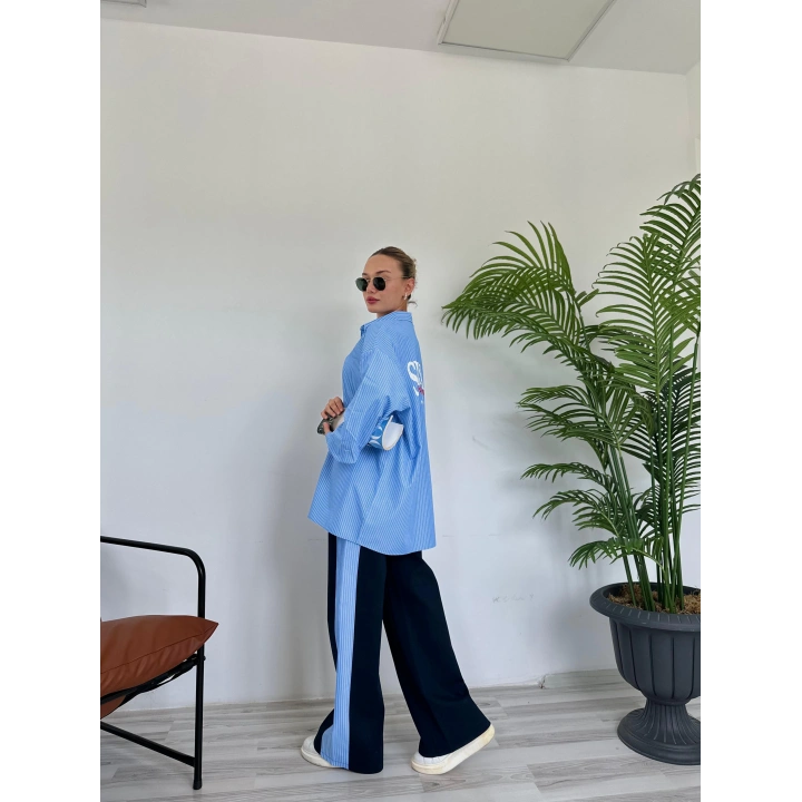 Kadın Oversize Çizgili Gömlek Mavi