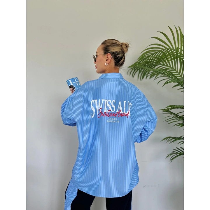 Kadın Oversize Çizgili Gömlek Mavi