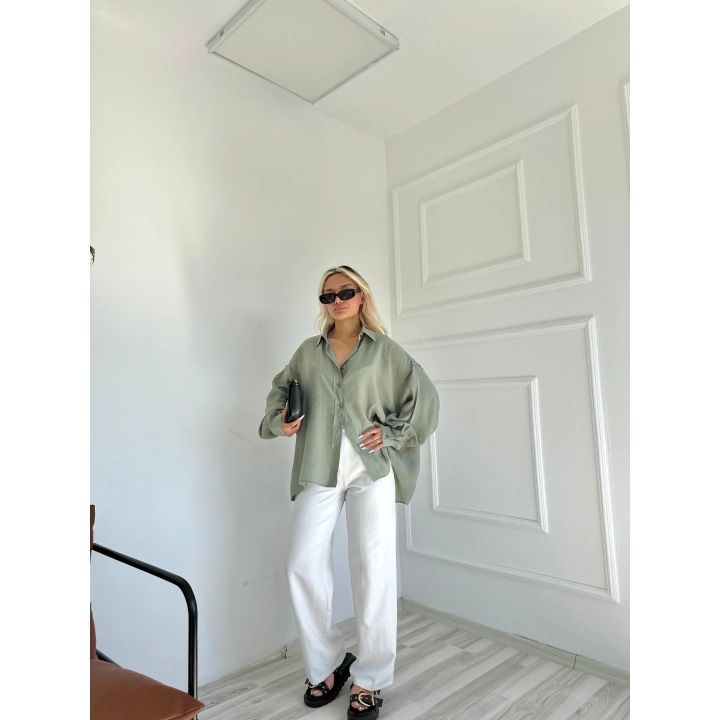 Kadın Oversize Gömlek Çağla Yeşili