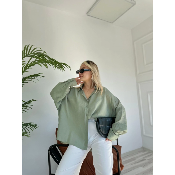 Kadın Oversize Gömlek Çağla Yeşili