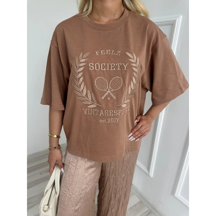 Kadın Oversize Tenis Vintage Tshirt Kahve