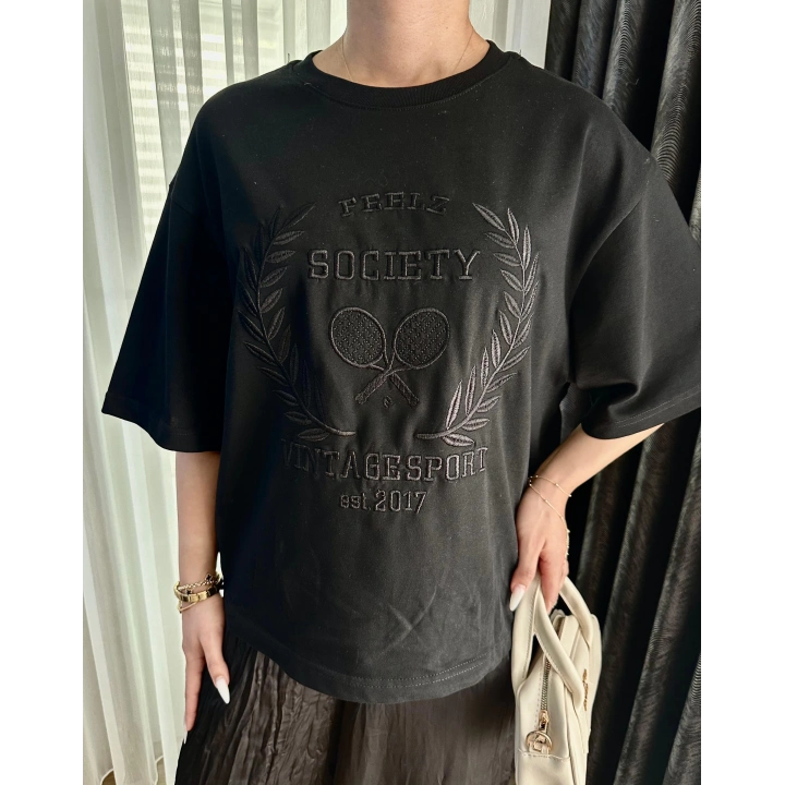 Kadın Oversize Tenis Vintage Tshirt Siyah