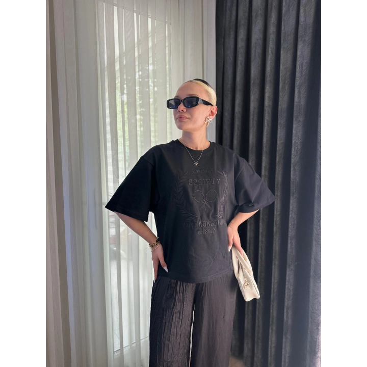Kadın Oversize Tenis Vintage Tshirt Siyah