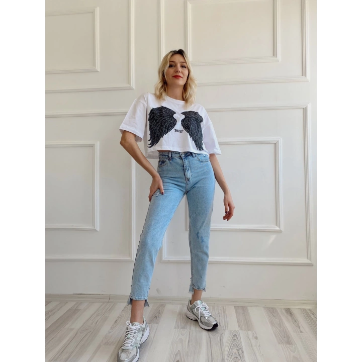 Kadın Paça Detaylı Mom Jean Mavi