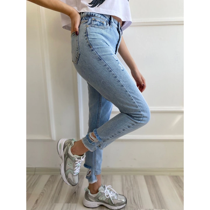 Kadın Paça Detaylı Mom Jean Mavi