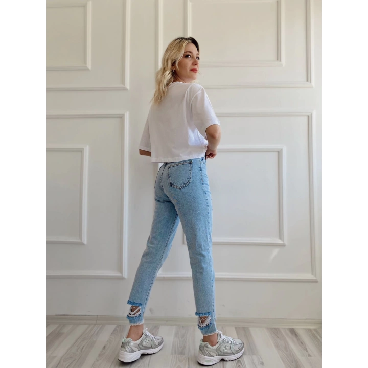 Kadın Paça Detaylı Mom Jean Mavi