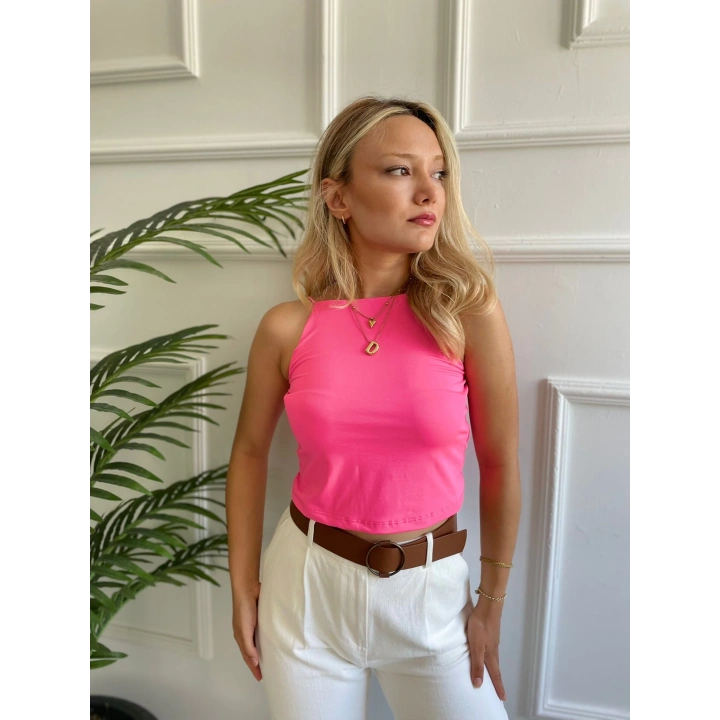Kadın Pembe Halter Yaka Crop