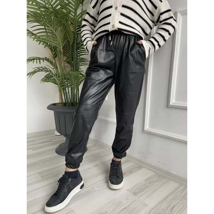 Kadın Pileli Lastikli Deri Pantolon Siyah