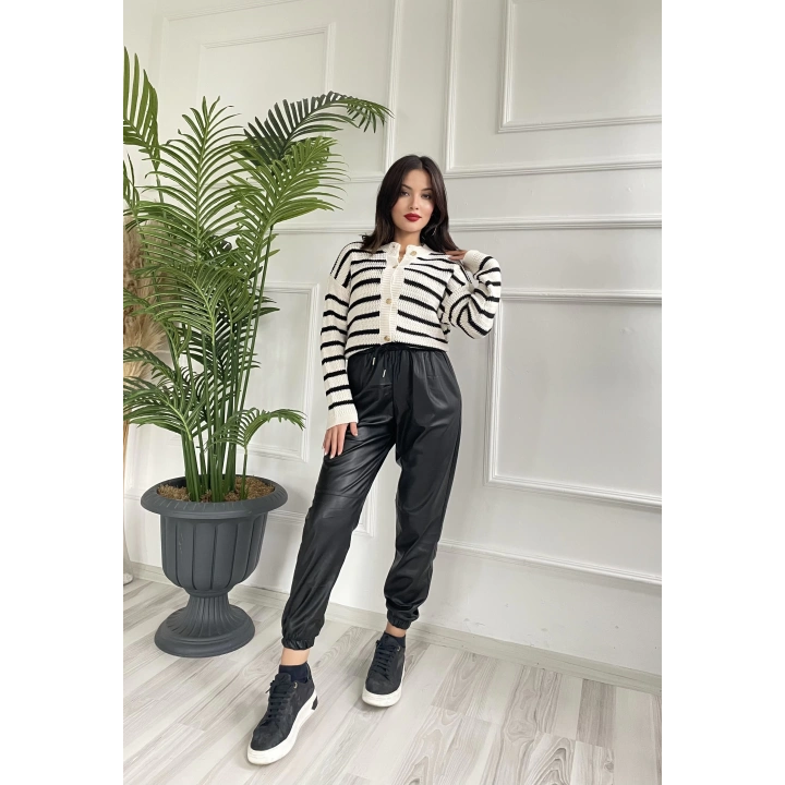 Kadın Pileli Lastikli Deri Pantolon Siyah