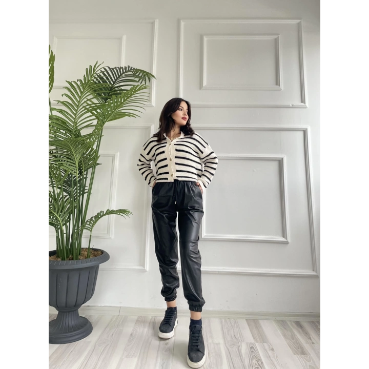 Kadın Pileli Lastikli Deri Pantolon Siyah