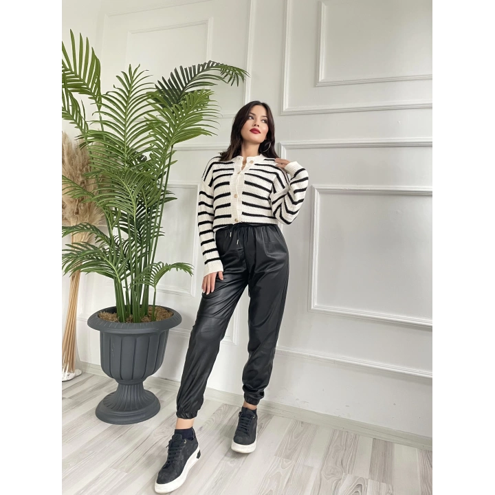 Kadın Pileli Lastikli Deri Pantolon Siyah