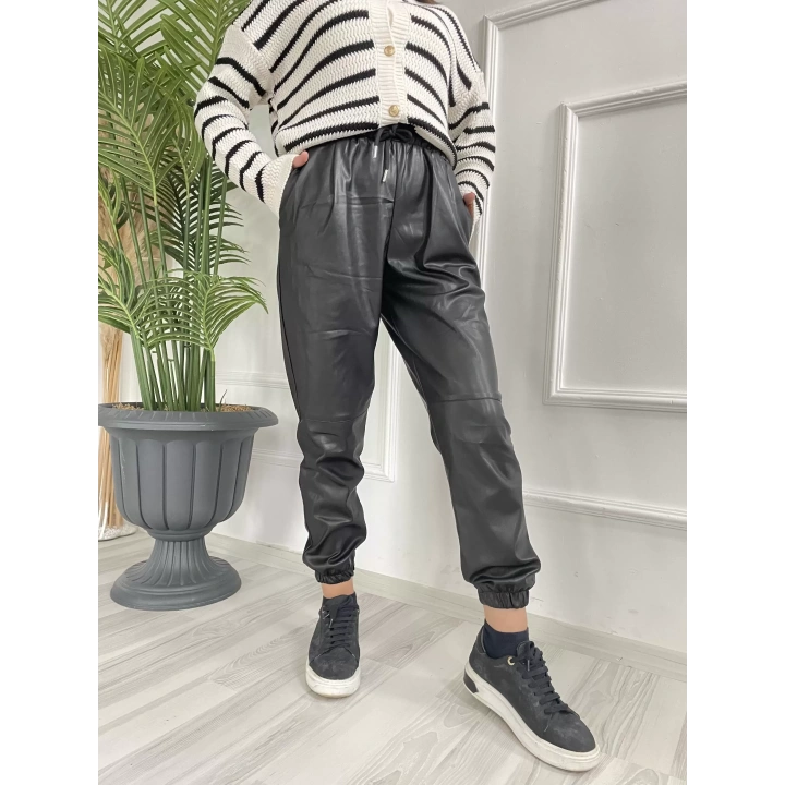 Kadın Pileli Lastikli Deri Pantolon Siyah
