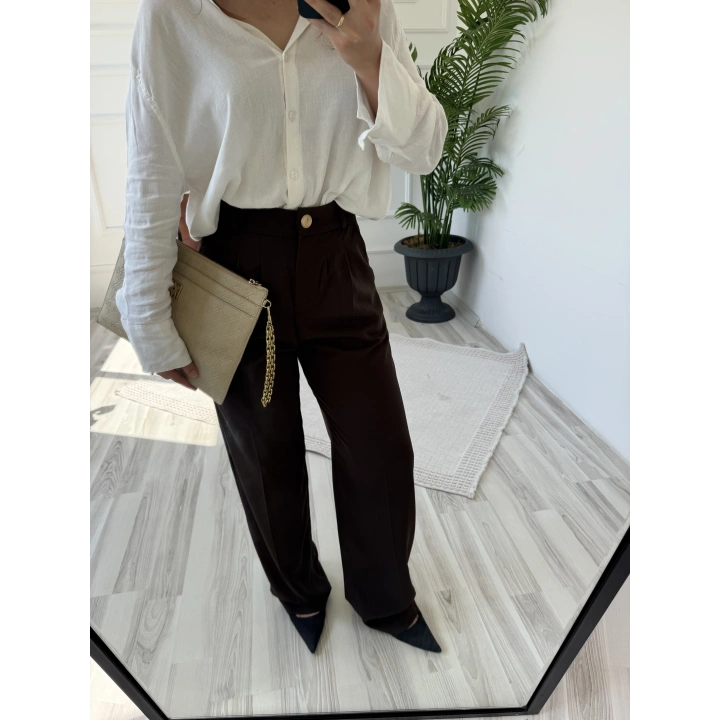 Kadın Pileli Palazzo Pantolon Kahve