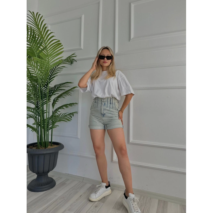 Kadın Plise Detaylı Kot Şort Buz Mavi