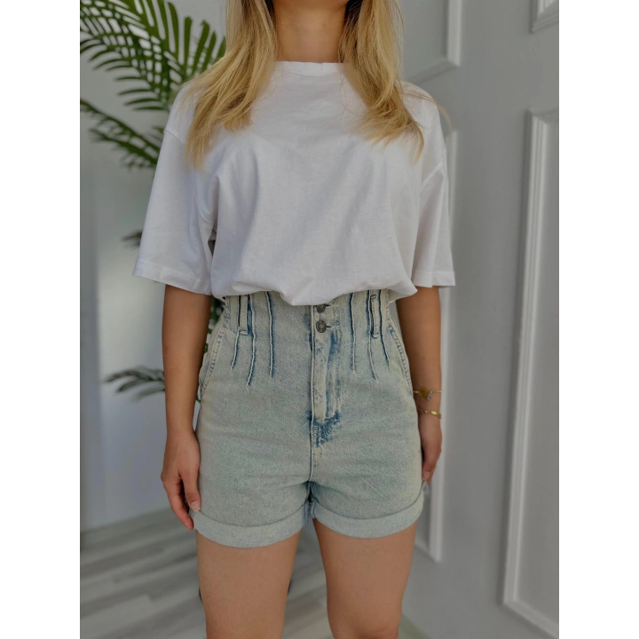 Kadın Plise Detaylı Kot Şort Buz Mavi