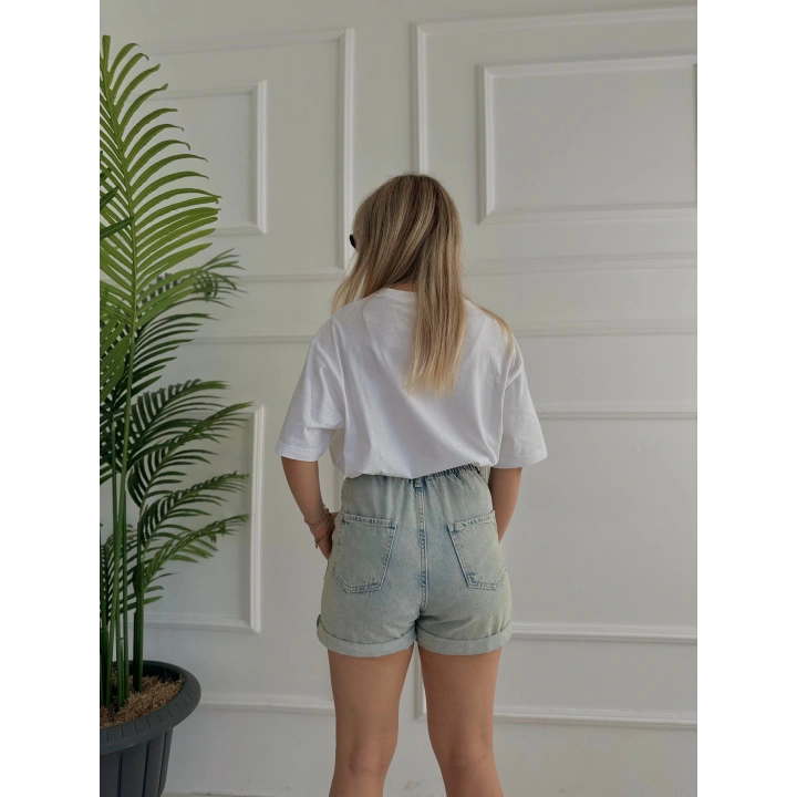 Kadın Plise Detaylı Kot Şort Buz Mavi