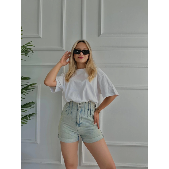 Kadın Plise Detaylı Kot Şort Buz Mavi