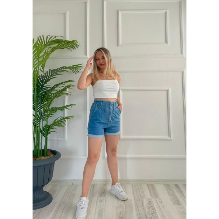 Kadın Plise Detaylı Mavi Kot Şort