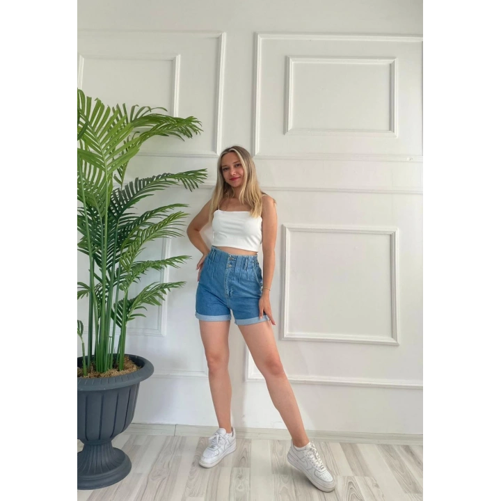 Kadın Plise Detaylı Mavi Kot Şort